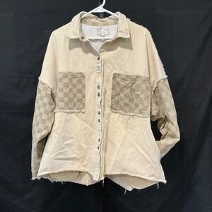 Oli & Hali Beige Checkerboard Denim Shacket Oversized Distressed Women's M L